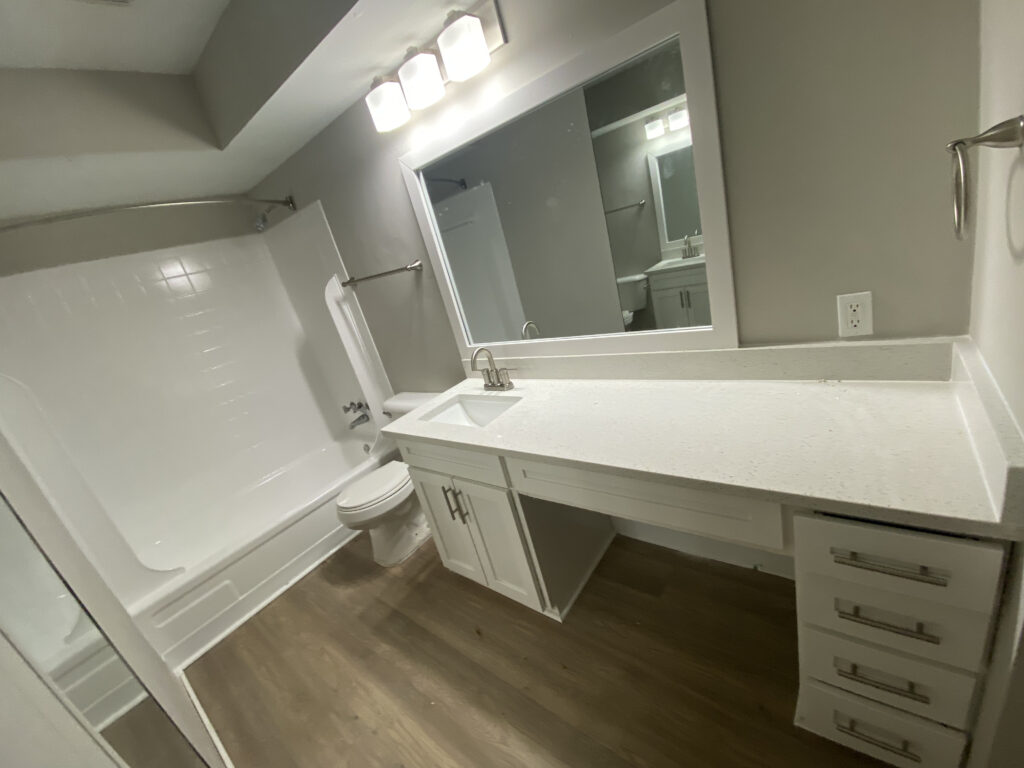Countertop, Cabinet, Glazing, Light Fixture, mirror trim, flooring, toilet, Paint, Plumbing fixture